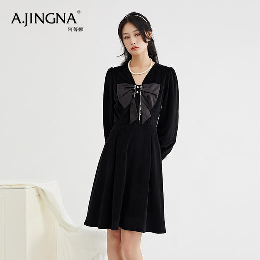 【特价不退换】阿菁娜气质减龄V领蝴蝶结丝绒收腰泡泡袖连衣裙F27Q212009 商品图0