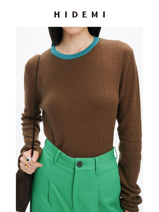 HIDEMI 圆领撞色领边花针混纺针织上衣 米棕色/棕绿色 商品图5