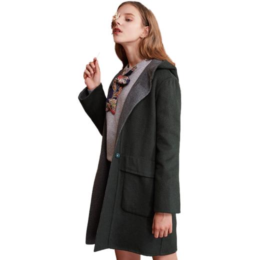 欧芮儿2017冬装新款连帽长袖毛呢外套女中长款 商品图3