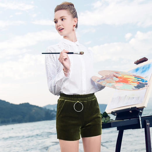 欧芮儿春装2019款女装高腰直筒裤子短款修身显瘦休闲裤金丝绒短裤 商品图0