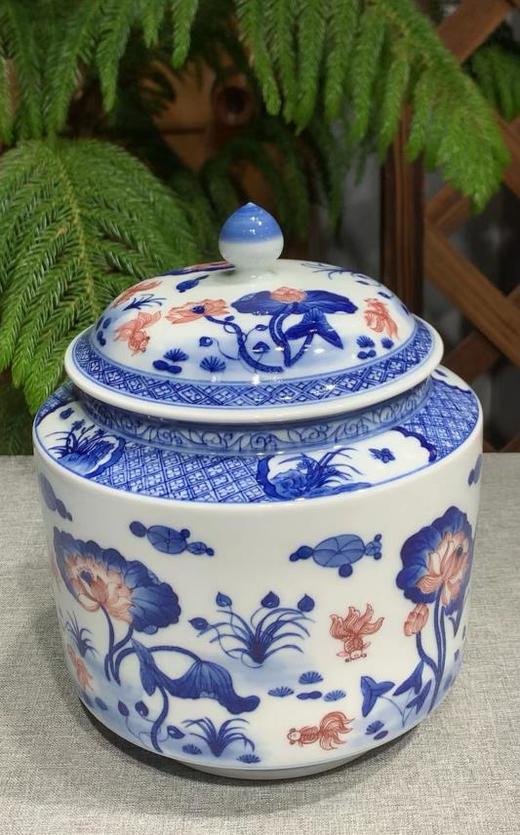 柴窑青花釉里红和和美美茶叶罐 商品图0