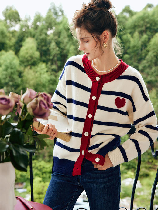 OLrain欧芮儿法式条纹毛衣开衫女秋季2022年新款撞色圆领针织外套 商品图3