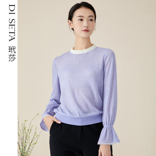 玳莎提花喇叭袖针织衫温柔气质毛衣蕾丝圆领套头上衣   BC32302 商品图0
