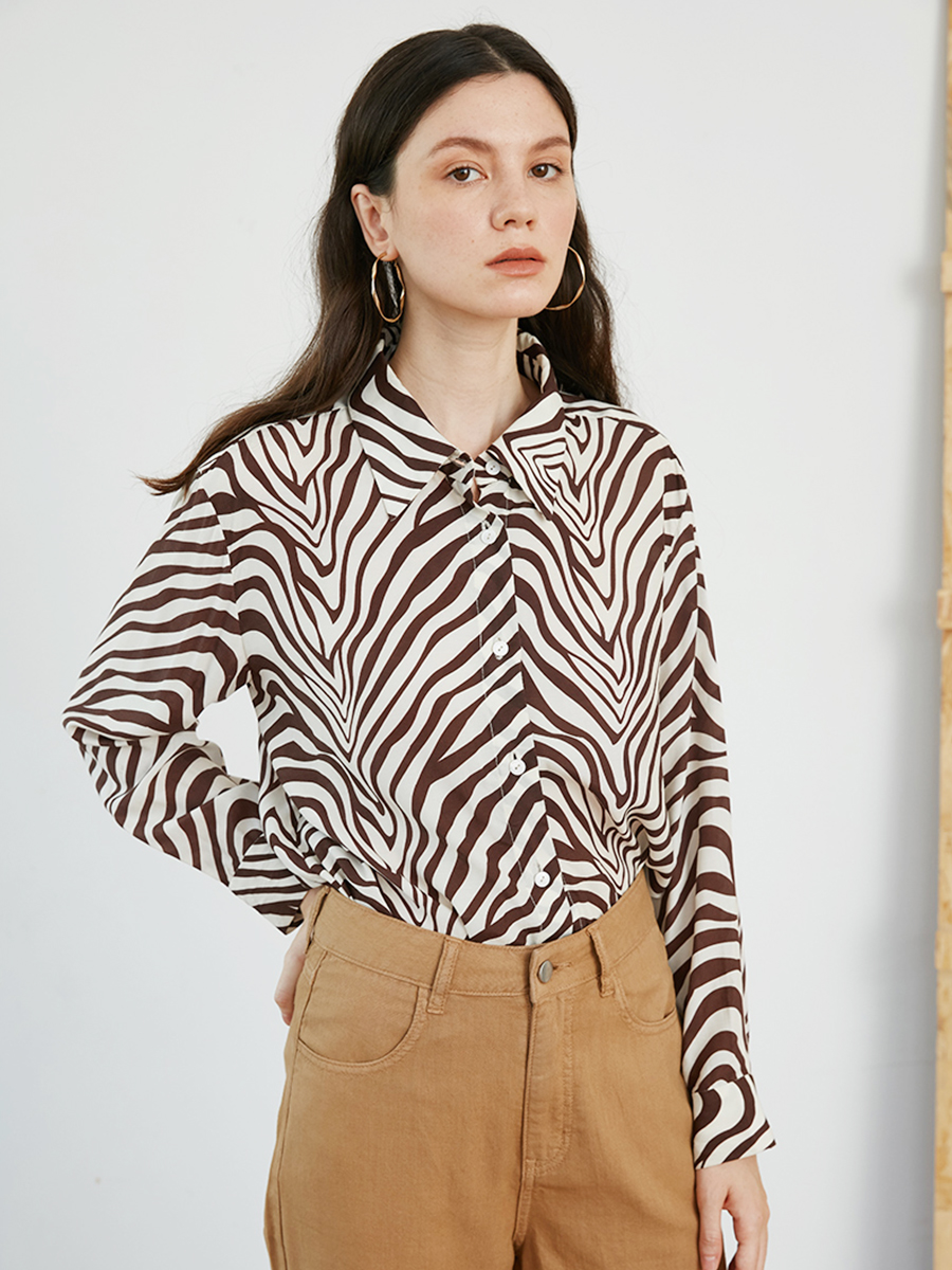 【直播间】HeyDress斑马纹衬衫女春长袖法式小众设计别致上衣复古印花宽松条纹衬衣