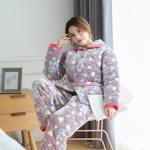 睡衣女冬季三层加厚夹棉睡衣女珊瑚绒法兰绒秋冬天保暖棉袄家居服myy05 商品图1