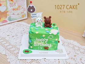 1027CAKE | ins田园风  手绘方形蛋糕 手工玩偶 小兔小熊