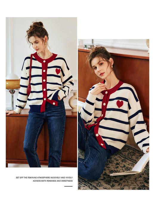 OLrain欧芮儿法式条纹毛衣开衫女秋季2022年新款撞色圆领针织外套 商品图1