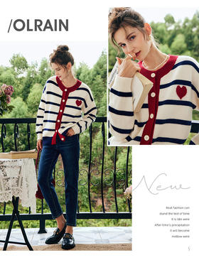 OLrain欧芮儿法式条纹毛衣开衫女秋季2022年新款撞色圆领针织外套