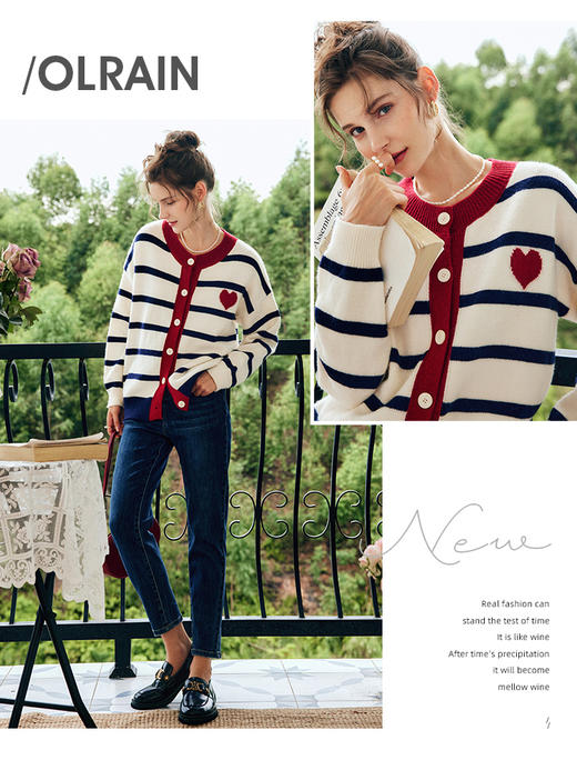 OLrain欧芮儿法式条纹毛衣开衫女秋季2022年新款撞色圆领针织外套 商品图0