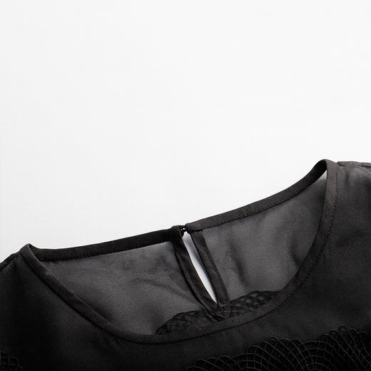 欧芮儿2016女士春夏新款长袖圆领蕾丝拼接欧根纱黑色蕾丝衫上衣潮 商品图1