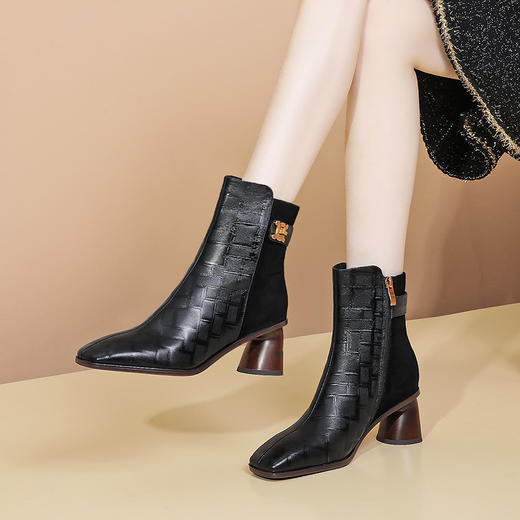 秋冬季高跟鞋，新款方头拼色显瘦靴粗跟短靴   DPJ-8653 商品图2