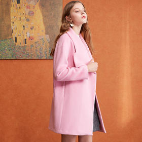 欧芮儿2017冬装新款玫红色翻领毛呢外套女中长