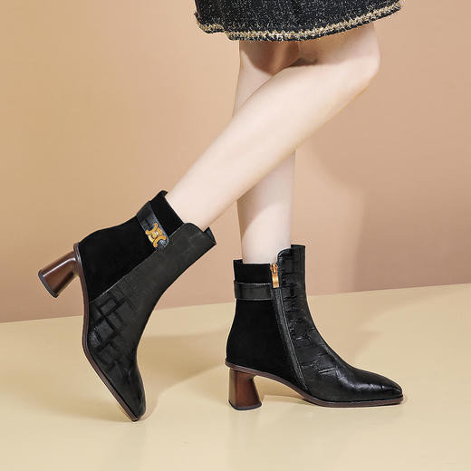 秋冬季高跟鞋，新款方头拼色显瘦靴粗跟短靴   DPJ-8653 商品图4