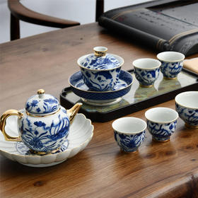 成艺德化陶瓷 鱼藻纹仿古手工鎏金茶壶手绘釉中青花茶杯茶具组