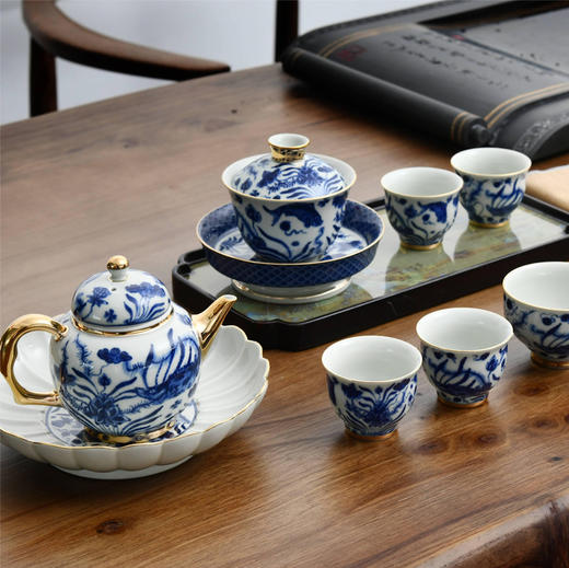 成艺德化陶瓷 鱼藻纹仿古手工鎏金茶壶手绘釉中青花茶杯茶具组 商品图0