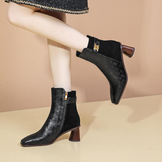 秋冬季高跟鞋，新款方头拼色显瘦靴粗跟短靴   DPJ-8653 商品图3