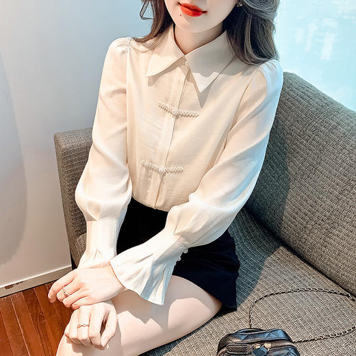 中式盘扣衬衫，秋季新款小众设计感衬衣长袖气质纯色衬衣上衣KQL-1310 商品图1