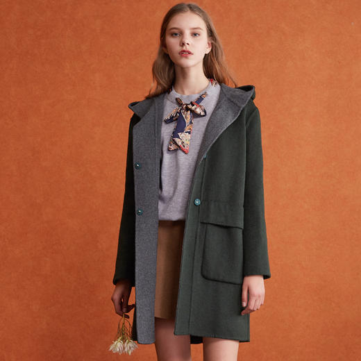 欧芮儿2017冬装新款连帽长袖毛呢外套女中长款 商品图0