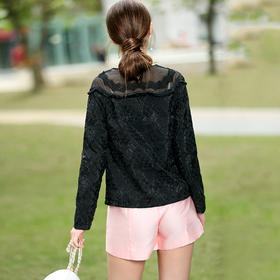 欧芮儿2016女士春夏新款长袖圆领蕾丝拼接欧根纱黑色蕾丝衫上衣潮