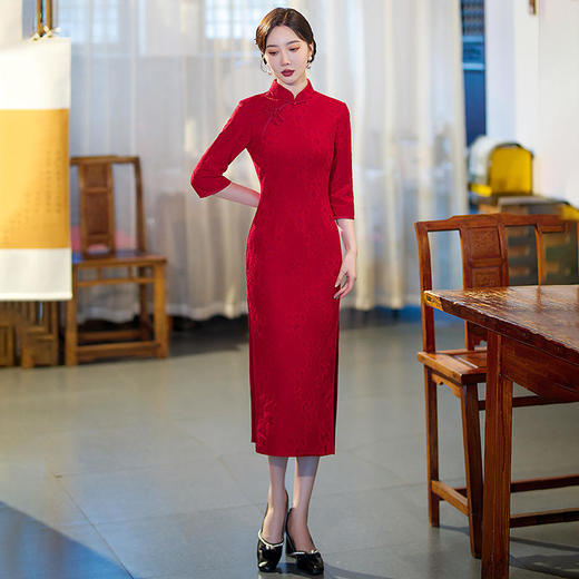 新款秋款，七分袖套装复古改良中式礼仪红色宴会旗袍GSJ-3099 商品图3