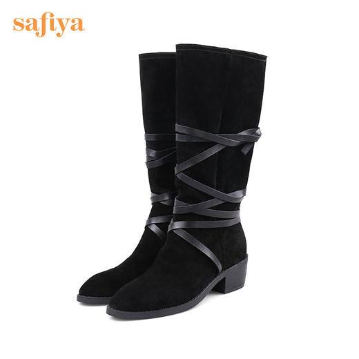 【春节不打烊】Safiya/索菲娅 长靴2022年新品新潮设计感小众绑带粗跟尖头显瘦高筒靴 SF24117146 商品图6