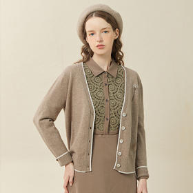 Famecoco范可儿美丽诺羊毛衫女100纯羊毛V领绣花针织开衫F228DE003