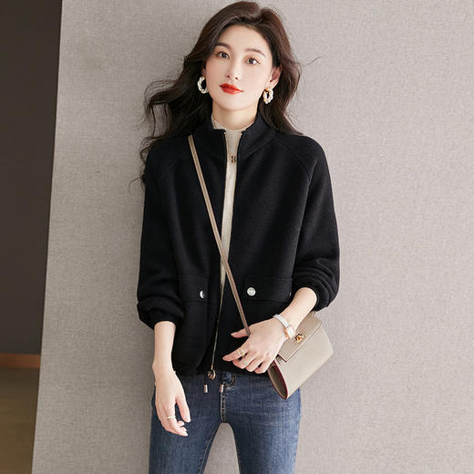 秋冬季立领小个子外套女，短款宽松洋气外搭开衫纯色抽绳拉链上衣厚CC-22-3607 商品图3