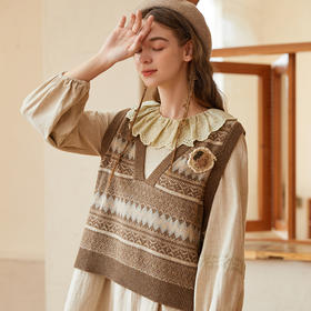 Famecoco范可儿复古提花针织马甲女秋冬套头v领无袖坎肩背心F228CA028