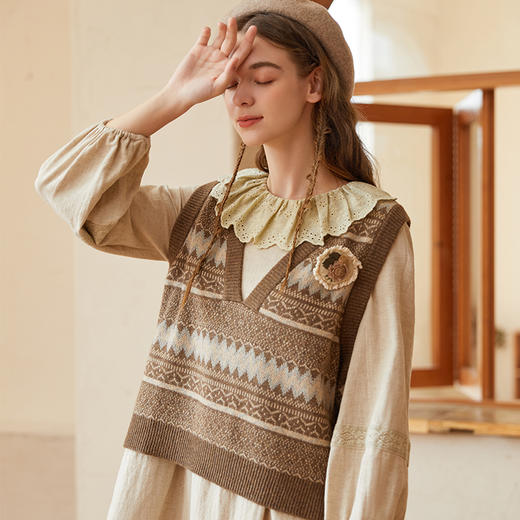 Famecoco范可儿复古提花针织马甲女秋冬套头v领无袖坎肩背心F228CA028 商品图0