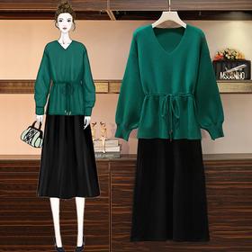 黛唯梵套装大码女装秋冬新款针织毛衣胖妹妹显瘦洋气两件套装连衣裙