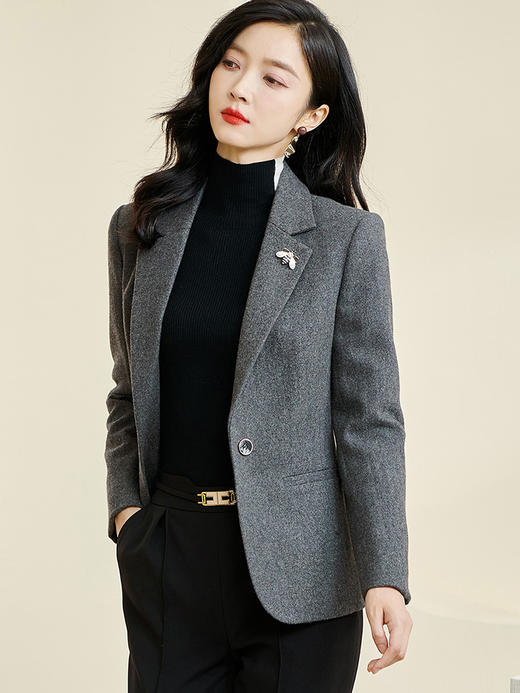 米思阳2025秋季新款时尚气质修身西装简洁干练一粒扣羊毛外套3381 商品图1
