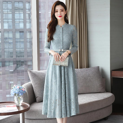 黛唯梵女装蕾丝连衣裙秋冬纯色仙女裙时尚气质裙子韩版修身收腰打底长裙 商品图0