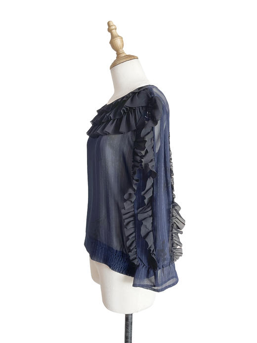 TYNVIE 荷叶边装饰7分袖上衣-藏青 商品图3