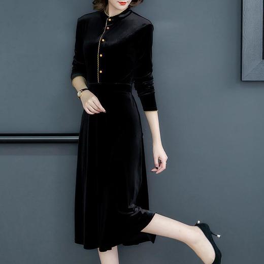 黑色金丝绒连衣裙时尚洋气立领拼接收腰显瘦中长款NYL80093 商品图2