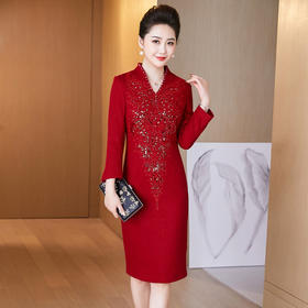 LC-6302新款婚礼礼服大码修身毛呢喜婆婆婚宴高贵长袖连衣裙冬