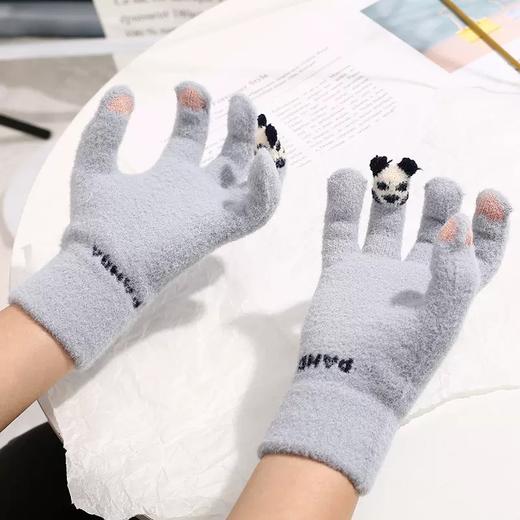 冬季可爱小熊可触屏手套女针织毛线卡通加绒加厚防寒分指保暖手套 商品图1