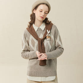 Famecoco范可儿复古菱形格毛衣女套头秋冬宽松圆领长袖针织衫F228DB014