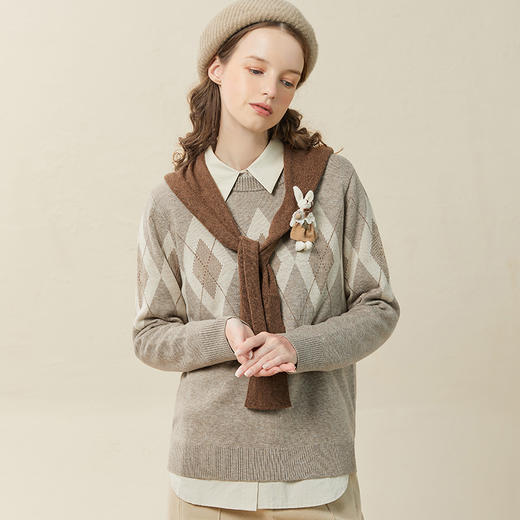 Famecoco范可儿复古菱形格毛衣女套头秋冬宽松圆领长袖针织衫F228DB014 商品图0