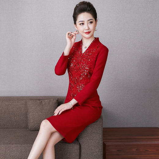 LC-6302新款婚礼礼服大码修身毛呢喜婆婆婚宴高贵长袖连衣裙冬 商品图2