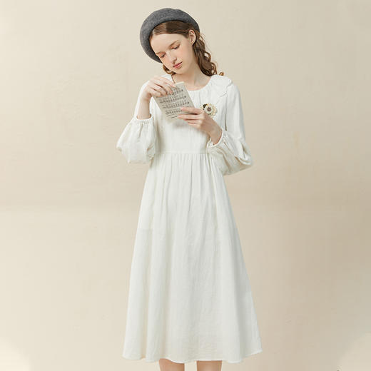 Famecoco范可儿棉麻娃娃领连衣裙泡泡袖宽松裙子遮肚子F228FA011 商品图0