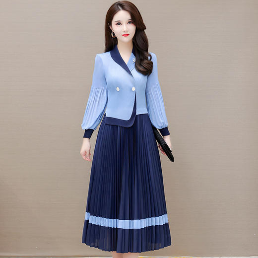 QYM L821-Y时尚灯笼袖百褶皱裙拼结假两件高字裙 商品图4