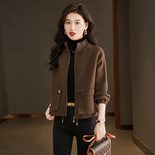 秋冬季立领小个子外套女，短款宽松洋气外搭开衫纯色抽绳拉链上衣厚CC-22-3607 商品图2