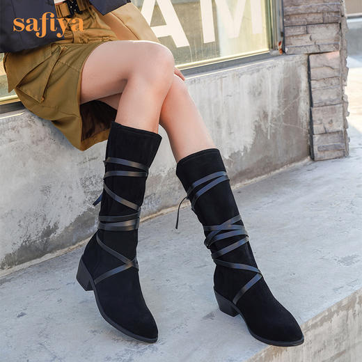 【春节不打烊】Safiya/索菲娅 长靴2022年新品新潮设计感小众绑带粗跟尖头显瘦高筒靴 SF24117146 商品图4