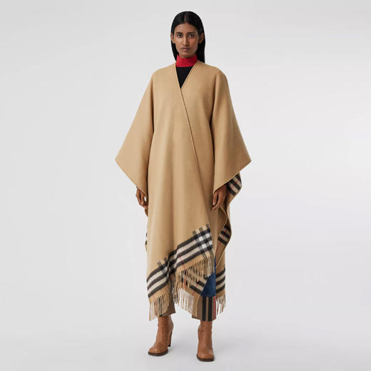 BURBERRY 巴宝莉 女士双面格纹羊毛羊绒混纺披肩 卡其色 8037498 A7026 商品图1
