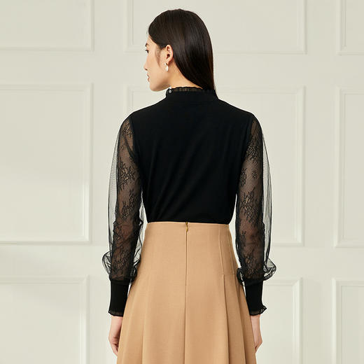 EITIE爱特爱网纱拼接半高领气质黑色针织衫灯笼袖修身秋新款C2201022 商品图3