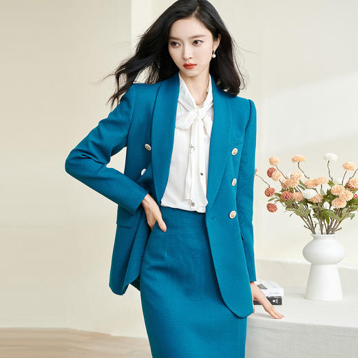 米思阳2024春季新款时尚通勤青果领双排扣修身西装长袖外套女2485 商品图0