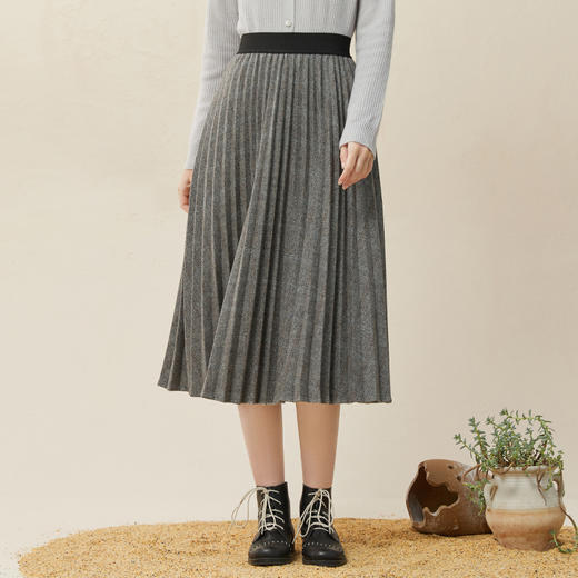 Famecoco范可儿羊毛半身呢子裙女士秋冬高腰百褶裙遮肚子F228HA027 商品图0