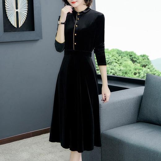 黑色金丝绒连衣裙时尚洋气立领拼接收腰显瘦中长款NYL80093 商品图1
