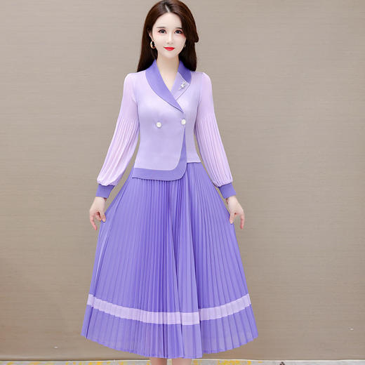 QYM L821-Y时尚灯笼袖百褶皱裙拼结假两件高字裙 商品图2