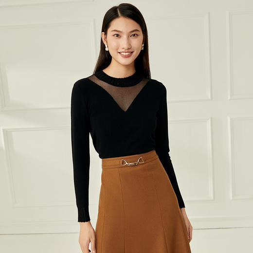 EITIE爱特爱网纱拼接黑色修身针织衫显瘦百搭打底基础秋新款C2201026 商品图1